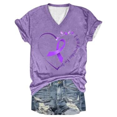 Imagem de Camiseta feminina de conscientização de Alzheimer, roxo, floral, coração, estampada, manga curta, gola V, blusa solta casual de verão, Bege, M