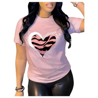Imagem de WDIRARA Camiseta feminina com estampa de coração de zebra, gola redonda, manga curta, casual, rosa, PP