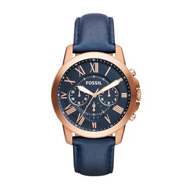 Imagem de Fossil Relógio masculino Grant com cronógrafo ou mostrador automático e pulseira de couro genuíno ou aço inoxidável, ouro rosa, azul, One Size, FS4835IE