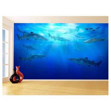 Imagem de Papel De Parede 3D Fundo Do Mar Tubarões Cercado 3,5M Fm117