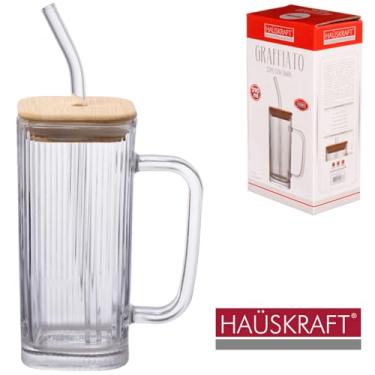 Imagem de HAUSKRAFT- Caneca de vidro quadrado com tampa de bambu e canudo Graffiato 290 ml