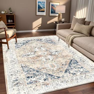 Imagem de Tapete de área 12 x 18 cm, lavável, resistente a manchas, impermeável, antiderrapante, marrom, azul, com fundo de borracha, estampa floral, vintage, tapete envelhecido para sala de estar, quarto,