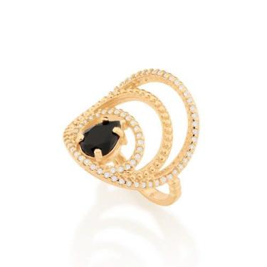 Imagem de Anel banhado ouro 3x 24k 18k e 22k feminino com pedra preto rommanel f