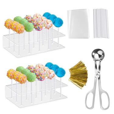 Imagem de shoxil Kit de pop de bolo – Inclui 1 molde de bolo, 2 peças de suporte para bolo, 100 sacos de bolo, 100 palitos de pirulito e 100 peças de laços de metal torcidos