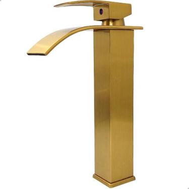 Imagem de Torneira Dourada Escovada Bica Alta Cascata Quadrada Pia Banheiro Aço 