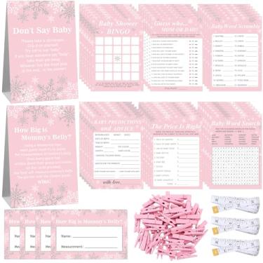 Imagem de Jetec 407 peças de jogos de chá de bebê floco de neve, 8 jogos, bingo de chá de bebê, confusão de palavras, busca de palavras, previsões e conselhos, o preço é certo, adivinhe quem, qual o tamanho da