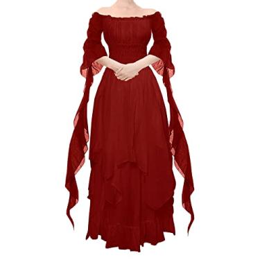 Imagem de YEAXLUD Vestido vitoriano feminino, manga bufante, ombro de fora, babados, plus size, fantasia medieval para mulheres, vestido renascentista, Vermelho, 3G