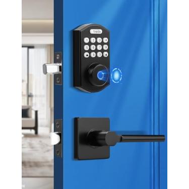 Imagem de Tinewa Conjunto de fechadura inteligente para porta da frente, fechadura de entrada de impressão digital sem chave com alça, teclado digital de fechadura eletrônica para apartamentos Airbnb, controle de aplicativo Bluetooth, trava automática, preto
