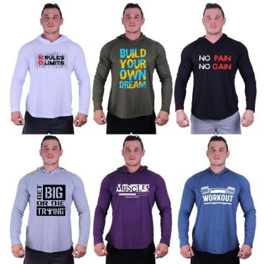 Imagem de Kit 6 Camisetas Manga Longa com Touca Longline Estampada Treino Academia Lazer Casual-Masculino