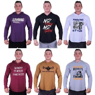 Imagem de Kit 6 Camisetas Manga Longa com Touca Longline Estampada Treino Academia Lazer Casual-Masculino