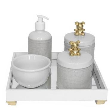 Imagem de Kit Higiene Espelho Potes, Molhadeira, Porta Álcool-Gel e Capa Ursinho