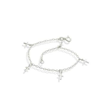 Imagem de Tornozeleira De Prata Cadeado Elo Longo Com 5 Cruz Facetada 23cm - Bea