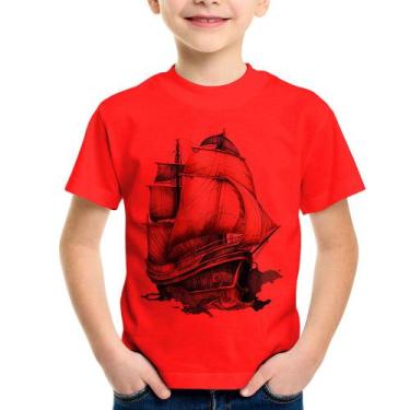 Imagem de Camiseta Infantil Navio Vintage - Foca na Moda, Vermelho, 4