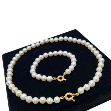 Imagem de Conjunto Pérola Colar 8mm 45cm Pulseira 6 ou 8mm Banho De Ouro 4819 - 