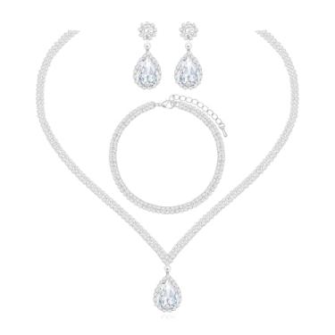 Imagem de chaoyite Elegante colar de cristal prata para casamento, brincos, pulseira, conjunto de joias para mulheres, noivas, damas de honra, formatura, festa, fantasia, acessório para noivas, 42, Latão