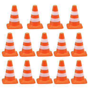 Imagem de 14 peças de cones de trânsito em miniatura, mini cone de segurança de simulação de sinalização de estacionamento de estrada, pequenos sinais de trânsito cones de futebol para mesa de areia,