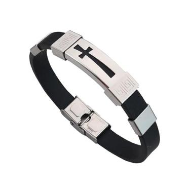 Imagem de Rockyu Pulseira masculina com cruz preta de silicone em aço inoxidável e joia cristã ajustável, One Size, Titânio, Sem Pedra Preciosa