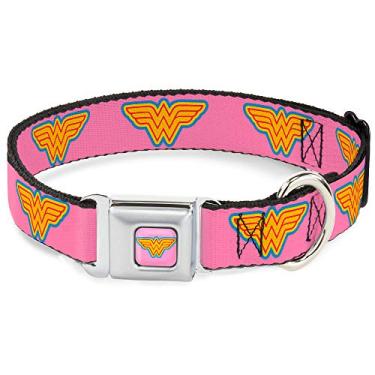 Imagem de Buckle-Down Coleira para cães com fivela de cinto de segurança – Logotipo da Mulher Maravilha Rosa/Azul/Amarelo/Rosa – 3,8 cm de largura – Serve para pescoços de 33 a 45,7 cm – Pequena