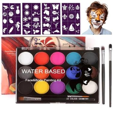 Imagem de wxfhtda Kit De Pintura Facial Para Crianças - 15 Tintas De Maquiagem Grandes À Base De Água Com Estênceis, 2 Pincéis, Kit De Maquiagem De Halloween, Kit De Pintura Corporal E Facial Profissional Segu