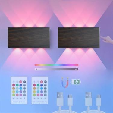 Imagem de Luminária de parede colorida RGB alimentada por bateria com arandelas magnéticas LED reguláveis por toque com controle remoto, luz de parede recarregável por USB, iluminação de parede sem fi
