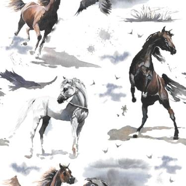 Imagem de WalRiddle Papel de parede de arte abstrata em aquarela com cavalos branco/preto/cinza, fácil de descascar, papel de contato, adesivo para banheiro, impermeável, adequado para locatários