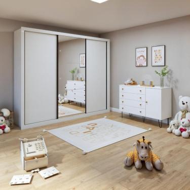 Imagem de Quarto Infantil Guarda-Roupa com Espelho 3 Portas Marcella com Cômoda 1 Porta 4 Gavetas Aurora Branco