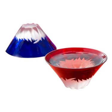 Imagem de IPPINKA Copos de saquê Mt. Fuji em caixa de madeira - 52 g - Vidro Edo - Conjunto de 2 - Azul e Vermelho - Feito à mão no Japão