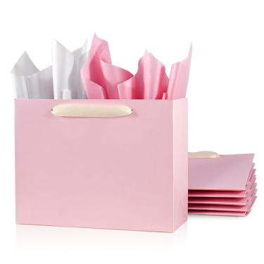 Imagem de Pacote com 6 sacos de presente rosa médios de 26,7 cm com papéis de seda, sacos de compras kraft com alças de fita, conjunto de sacos de embalagem de varejo para todas as ocasiões