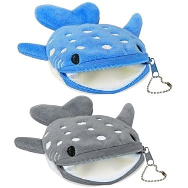 Imagem de Krinisou Bolsa de moedas de tubarão baleia, 2 peças, bolsa de moedas de pelúcia, linda carteira Kawaii com chaveiro com zíper, pequena bolsa de troca de moedas de peixe bordado para mulheres
