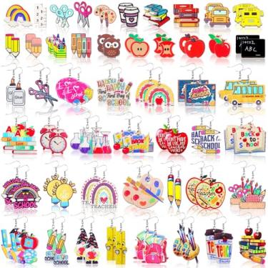 Imagem de Nosiny 48 pares de brincos femininos para professores, arco-íris, maçã, lápis, pingentes, conjuntos de joias engraçadas de volta às aulas para presente de agradecimento, Madeira, madeira