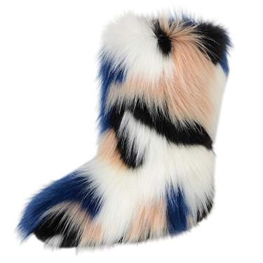 Imagem de Gegefur Bota feminina de pele sintética, bota de neve curta, fofa, quente, confortável, para uso ao ar livre, Flor branca azul, 8