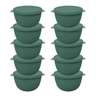 Imagem de Kit 10 Potes Plásticos Bowl 500 ml Redondos Com Tampa BPA Free Marmitas Para Cozinha(VERDE OLIVA)