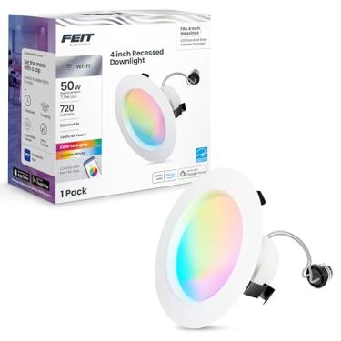 Imagem de Feit Electric Luz embutida inteligente de 10 cm, mudança de cor e sintonizável, retrofit de LED de 2,4 GHz, base E26, sem hub, funciona com Alexa e Google, regulável 50W Equi, CRI90, LEDR4/RGBW/AG