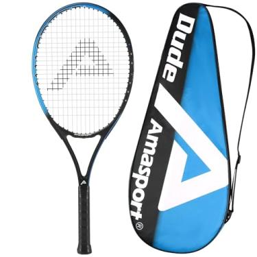 Imagem de AMA SPORT Raquetes de tênis Pro Dude - 68,5 cm - Raquete de tênis composta de carbono - Raquete de tênis intermediária para iniciantes - pré-amarrada - azul