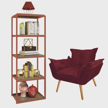 Imagem de Kit Poltrona Fatte com Estante Livreiro Ferro Bronze mdf Caramelo Suede Bordô - Ahazzo Móveis