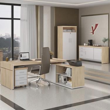 Imagem de Kit para Escritório 4 Peças com Mesa em L Diretor, Balcão com Gavetas, Gaveteiro e Armário com