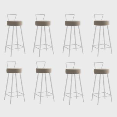 Imagem de Kit 08 Banqueta Alta Com Encosto Tais Eiffel Cozinha Bar Bistrô Ferro Branco Sintético Bege - Ahazzo Móveis