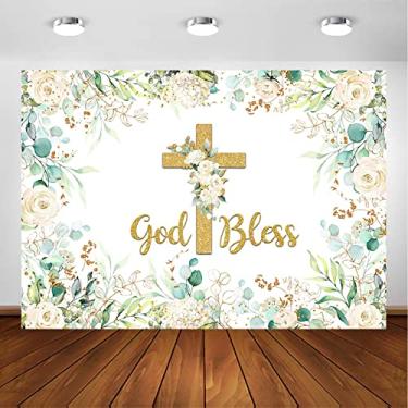 Imagem de Avezano Fundo Greenery God Bless para festa de batismo de primeira comunhão para decoração de festa de batismo branco floral verde dourado eucalipto God Bless Party Photoshoot (3 x 2 m)
