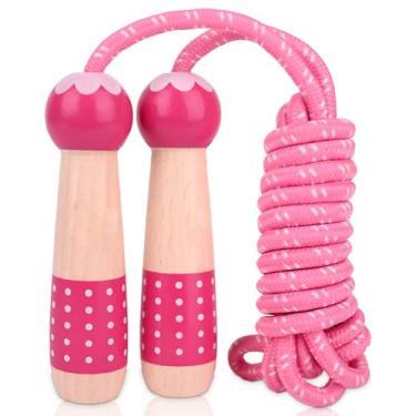 Imagem de EGOSKY Corda de pular infantil, corda de pular de algodão ajustável de 2,2 m com cabo de madeira para meninos, meninas, atividades ao ar livre, rosa