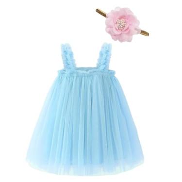 Imagem de Bow Dream Vestido tutu infantil para bebês meninas, vestido de tule, festa de princesa com faixa de cabeça de flor, azul claro, 3 a 6 meses