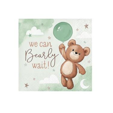Imagem de Guardanapos de ursinho de pelúcia "We Can Bearly Wait" - 12,7 cm (16 quilates) - Design adorável com detalhe de balão - Perfeito para chás de bebê e festas de primeiro aniversário