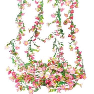 Imagem de CISDUEO 4 peças de margaridas artificiais, videira, guirlanda de flores de seda, flores falsas, videira pendurada, hera com margaridas rosa e vermelhas