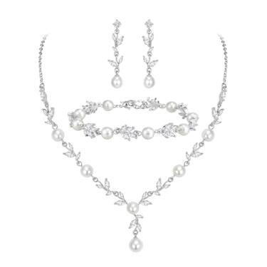 Imagem de Crysdue Conjunto de joias de casamento para noivas damas de honra, zircônias cúbicas deslumbrantes lágrimas marquise folha de marquise colar pingente de pingente de pulseira de tênis nupcial brincos