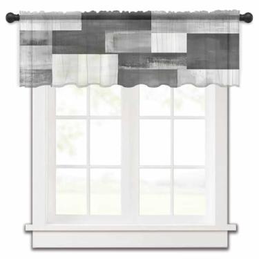 Imagem de Cortina xadrez cinza branca ombré transparente para janelas de cozinha, pintura a óleo geométrica abstrata chiffon tratamentos de janela bolso de haste curto para sala de estar banheiro 137 x 45