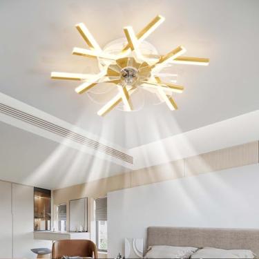 Imagem de Ventilador de teto moderno com lustre dourado, luzes LED reguláveis, controle remoto e aplicativo, temporizador de 6 velocidades, reversível e silencioso, ideal para sala de estar e quarto,