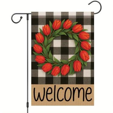 Imagem de Starlit Patio Guirlanda de boas-vindas xadrez búfalo bandeira de jardim 30 x 45 cm bandeira de flor de tulipa dupla face primavera ao ar livre outono casa de fazenda ao ar livre pequena decoração para