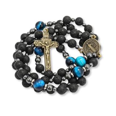 Imagem de Rosário preto de pedra vulcânica para homens, colar de rosário católico com medalha de santo e cruz, colar de rosário forte com contas de olho de tigre azul em caixa de presente portátil, 52 cm, Pedra