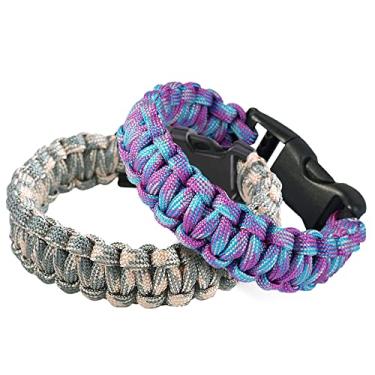 Imagem de Sportmusies Pulseira de paraquedas para sobrevivência ao ar livre Pulseira de paraquedas de emergência mil-spec 350 Paracord, essencial para caminhadas, viagens, acampamento, pacote com 2, cinza e roxo