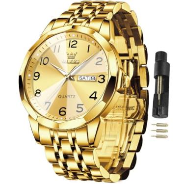 Imagem de OLEVS Relógio Masculino Analógico de Quartzo, Dourado, Aço Inoxidável, À Prova D'água, Luminoso, Dois Tons, Clássico