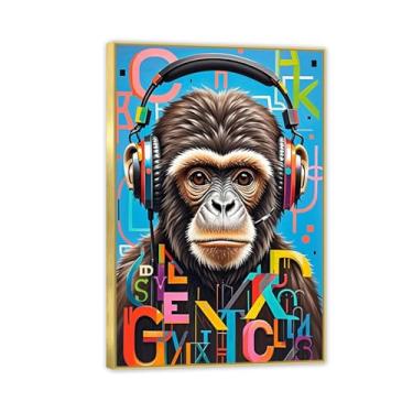Imagem de Impressões de arte de parede Banksy Macaco colorido com fones de ouvido arte em tela animal para sala de estar escritório decoração de parede emoldurada pronta para pendurar decoração de quarto para